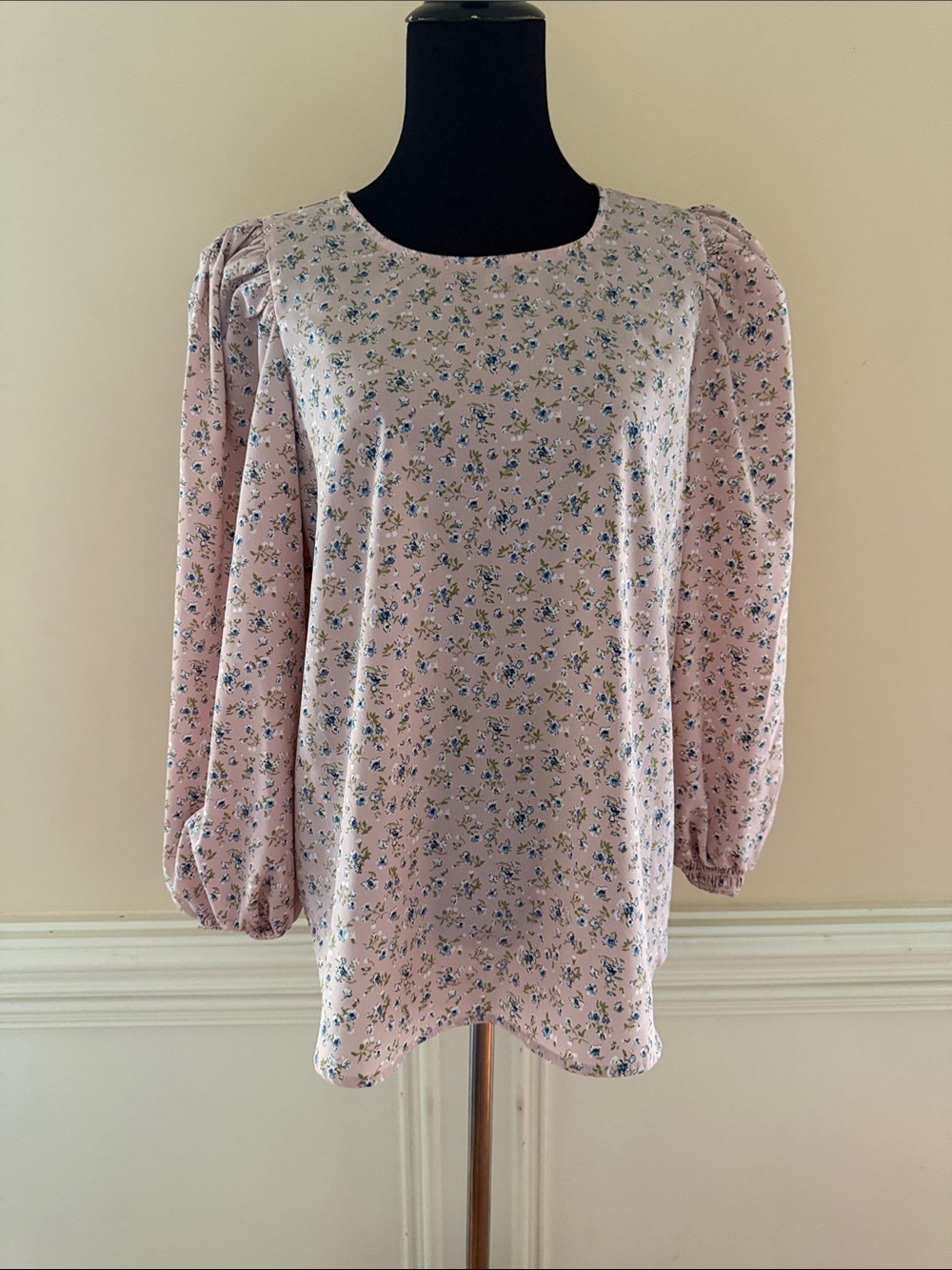 Pleione‎ Pink Floral Puff-Sleeve Blouse Sz Medium